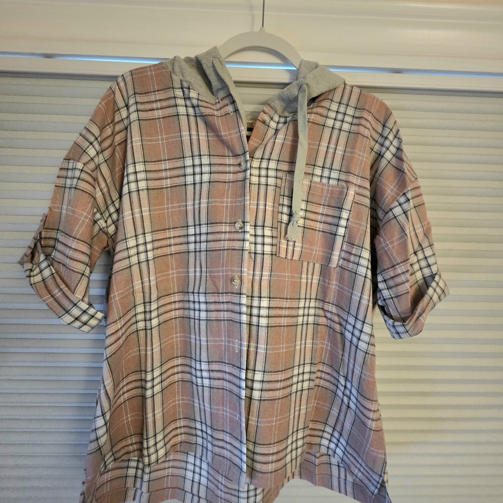 NWT - Hem & Thread Plaid Womens Shirt with Hood - Size Large